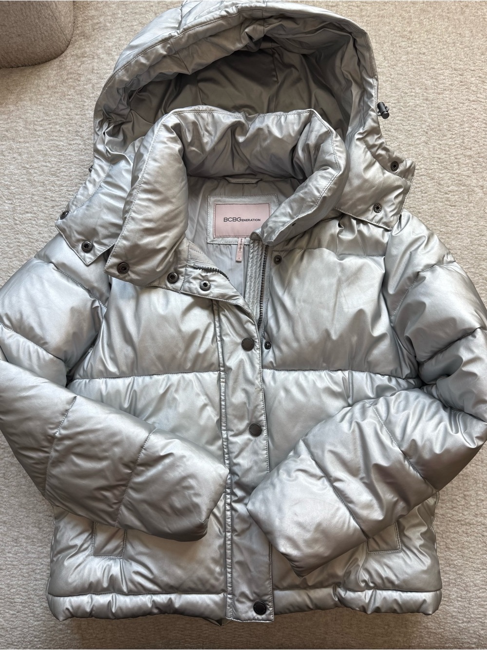 BCBGeneration Shiny Silver Hooded Puffer Jacket